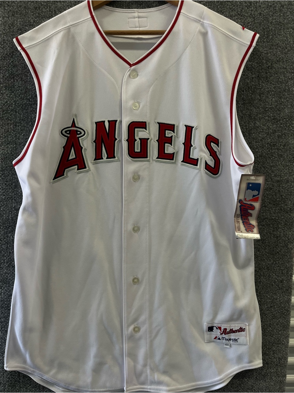 Majestic White Los Angeles Angels Sleeveless Baseball Jersey with Red Trim